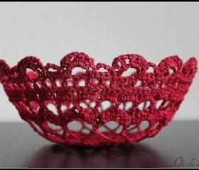 Crochet Lace Bowl Doily Basket Crimson Red
