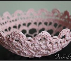 Lace Doily Bowl Crochet Basket Pink