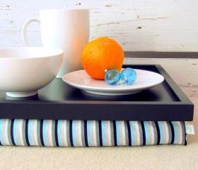 Wide - XL size - Laptop Lap Desk or Breakfast serving Tray - Black with Aqua and Grey stripes- Custom Order