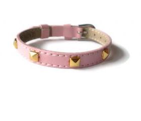 Pink Genuine Leather Bracelet - Gold Pyramid Studs - 8mm Pink Leather Strap - Adjustable