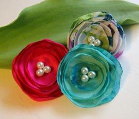 Hot Pink, White and Aqua Flower Hair Clips - Set of Three