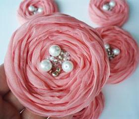 Peachy Pink Fabric Roses Handmade Appliques Embellishments(5 pcs)
