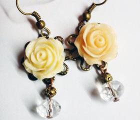 Cute cabochon flower rose swarovski crystal bronze vintage look earrings- luxe gift