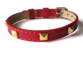 Red Genuine Leather Bracelet - Gold Pyramid Studs - 8mm Red Leather Strap - Adjustable