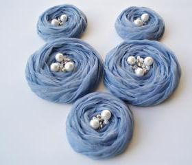  Blue Chiffon Roses Handmade Appliques Embellishments(5 pcs)