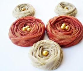 Fall Collection 'Mustard & Brown' Chiffon Roses Handmade Appliques Embellishments(5 pcs)
