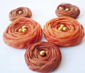  Fall Collection 'Brown & Orange' Chiffon Roses Handmade Appliques Embellishments(5 pcs)