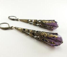 Amethyst Earrings Long Dangle Earrings Steampunk Victorian Jewelry February Birthstone