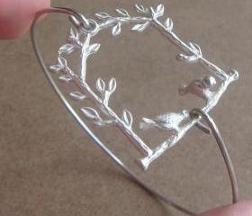 Birds and Branch Bangle Bracelet, Simple Everyday Jewelry, Elegant gift, Bridesmaid Gift, Bridal Wedding Jewelry