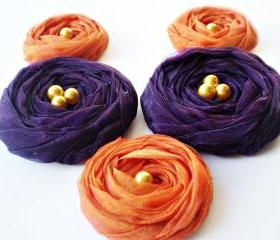 Fall Collection 'Orange & Purple' Chiffon Roses Handmade Appliques Embellishments(5 pcs)