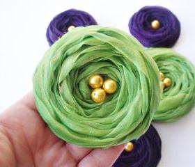 Fall Collection "Purple & Green" Chiffon Roses Handmade Appliques Embellishments(5 pcs)