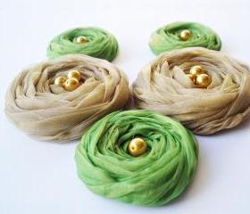  Fall Collection 'Green & Mustard' Chiffon Roses Handmade Appliques Embellishments(5 pcs)