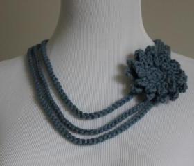 Crochet Necklace Flower Brooch Dusty Blue