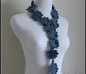 Crochet Flower Scarf Lariat Spring Fashion Slate Blue
