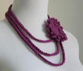 Crochet Necklace Flower Brooch Layered Necklace Magenta