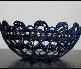 Crochet Lace Doily Bowl Basket Navy Blue