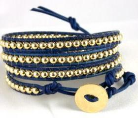 Leather Wrap Bracelet , 14K Gold Bracelet, Any Size, Any Color, Unique Bracelet, Christmas Gift Idea, Free Shipping Worldwide