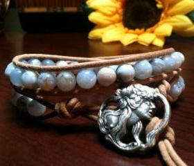 Blue Lace Agate Leather Wrap Energy Bracelet