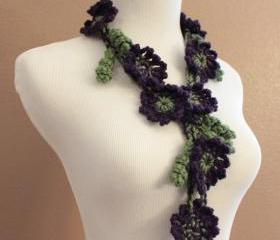Crochet Flower Scarf Lariat Purple and Green Spring Fashion