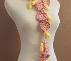 Crochet Flower Scarf Lariat Spring Fashion Pink and Yellow