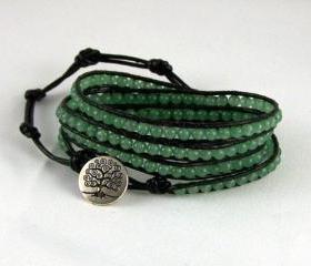 Aventurine Leather Wrap Energy Bracelet, Tree of Life closure Bracelet, Energy Jewelry, Unique Jewelry, Chrismas Gift Idea, Free Shipping