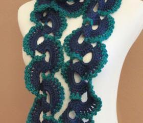 Crochet Scarf Teal and Navy Blue Queen Annes Lace