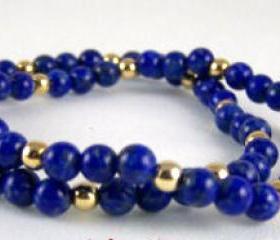 Lapis Gemstone Stretch Bracelet Set with 14K Gold Accent Beads, Great Gift Ideas, Free Shipping