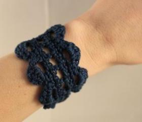 Crochet Bracelet Lace Cuff Navy Blue