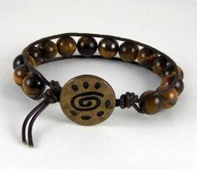Steady Tiger Eye Leather Wrap Bracelet with Tribal Closure, Meditation Bracelet, Gift Ideas, Free Shipping