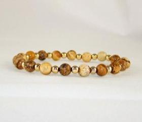 Loyalty Picture Jasper Meditation Bracelet SET with 14K gold Filled Accent Beads, Yoga Inspired, Free Shipping