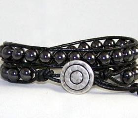 Concentration Hematite Leather Wrap Bracelet, Unisex, Energy Bracelet, Great Gift Idea, Free Shipping