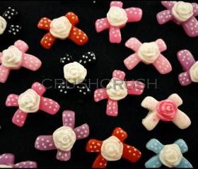 50pcs Resin Ribbon Bow With Rose Flatback Cabochons F597