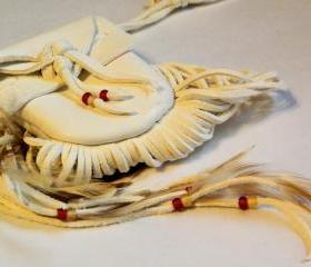 Handcut White Leather Pouch with Fringe