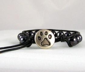 Optimistic Hematite Leather Wrap Bracelet with Paw Print Closure, Unisex, Great Gift Ideas, Free Shipping