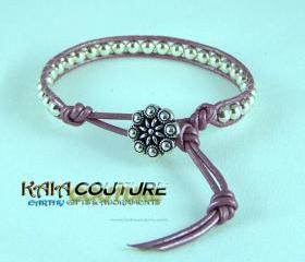 Sterling Silver Leather Wrap Bracelet with a Flower closure, Unique Guft Idea, Size 6.5, Free Shipping
