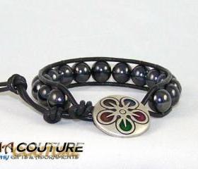 Unisex Hematite Leather Wrap Bracelet with Rembrandt closure, Unique Gift Idea, Great Christmas Present, Free Shipping
