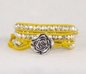 Yellow Leather Wrap Bracelet, Rose Design, Ladies Leather Jewelry, Unique Gift Idea, Free Shipping, Available in All Colors