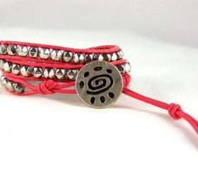 Pink Leather Wrap Bracelet, Tribal Design, Nugget Bracelet, Teen Jewelry, Unique Gift Idea, Free Shipping, Available in All Colors
