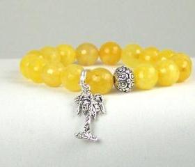 Yellow Moroccan Jade Bracelet with Palm Tree Charm and Yogi accent bead, Meditation Bracelet, Energy Jewelry, Free Shipping