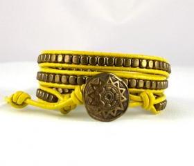 Bronze & Yellow Leather Wrap Bracelet with a Tribal closure, Yellow Bracelet, Leather Jewelry, All Sizes, All Colors, Free Shipping