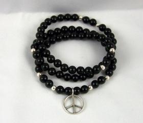 Black Onyx Energy Bracelet or Necklace with Sterling Silver Peace Charm, Meditation Bracelet, Yoga Inspired