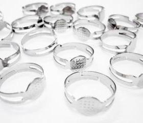  50pcs Silver steel tone adjustable ring blank findings with pad C57
