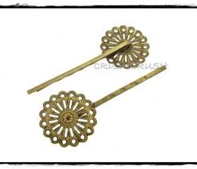  10pcs 1-3/32' (52mm) Antique Brass Filigree Bobby Pin Hair Clips 25mm Pad C54