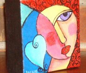 Funky Abstract Portrait of a Woman with a Heart on 4x4 Inch Wrapped Canvas