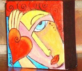 Funky Abstract Portrait of a Red Haired Woman with a Heart on a 4x4 Inch Wrapped Canvas