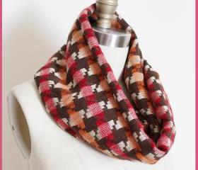 Houndstooth Infinity Scarf Circle Loop for Autumn Fall in Brown Pink and Orange