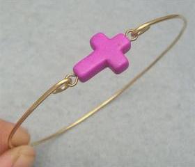 Purple Turquoise Cross Brass Bangle Bracelet