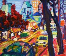 ORIGINAL acrylic painting on stretched canvas - Rushing From Downtown - 14" x 18"