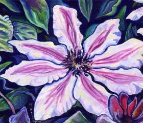 ORIGINAL acrylic painting on Canvas paper, matted - Nelly Moser, Clematis - 8' x 10'