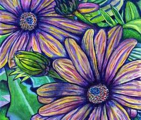 ORIGINAL acrylic painting on Canvas paper, matted - Purple Daisies - 8' x 10'